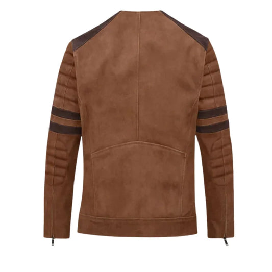 Men’s Brown Suede Leather Jacket with Dual Shoulder Stripes