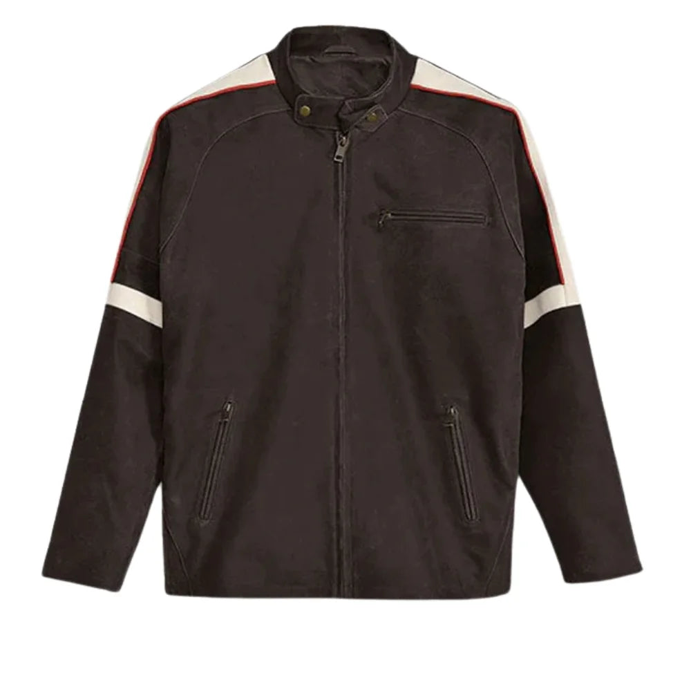 Men’s Brown Suede Leather Jacket with Red and White Stripes