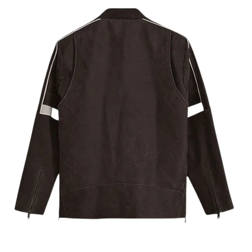 Men’s Brown Suede Leather Jacket with Red and White Stripes