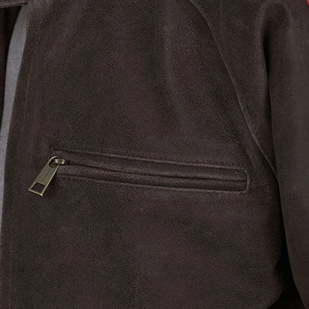 Men’s Brown Suede Leather Jacket with Red and White Stripes