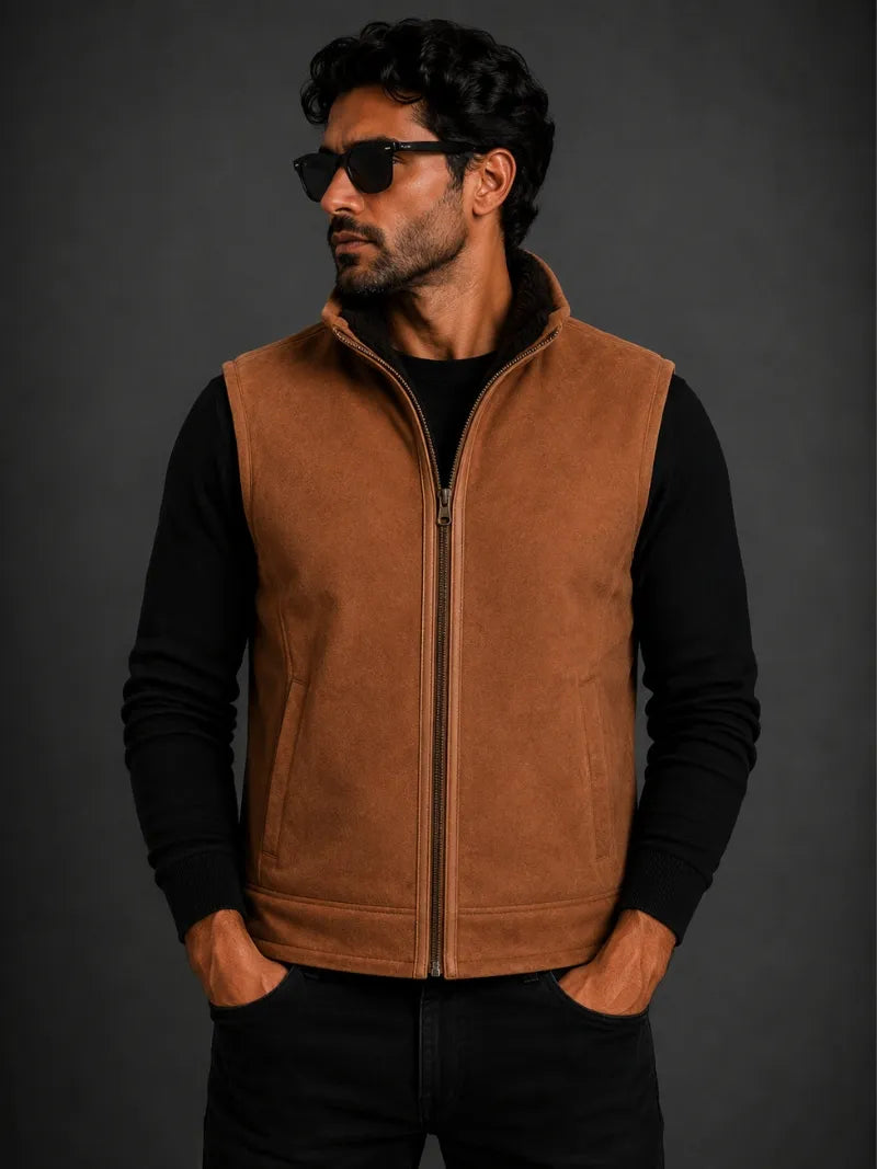 Men's Brown Suede Shearling-Lined Leather Vest
