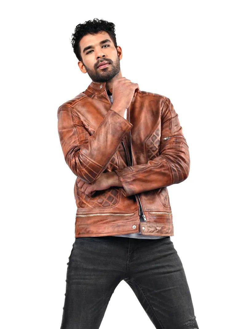Men’s Brown Zip-Up Leather Jacket Full