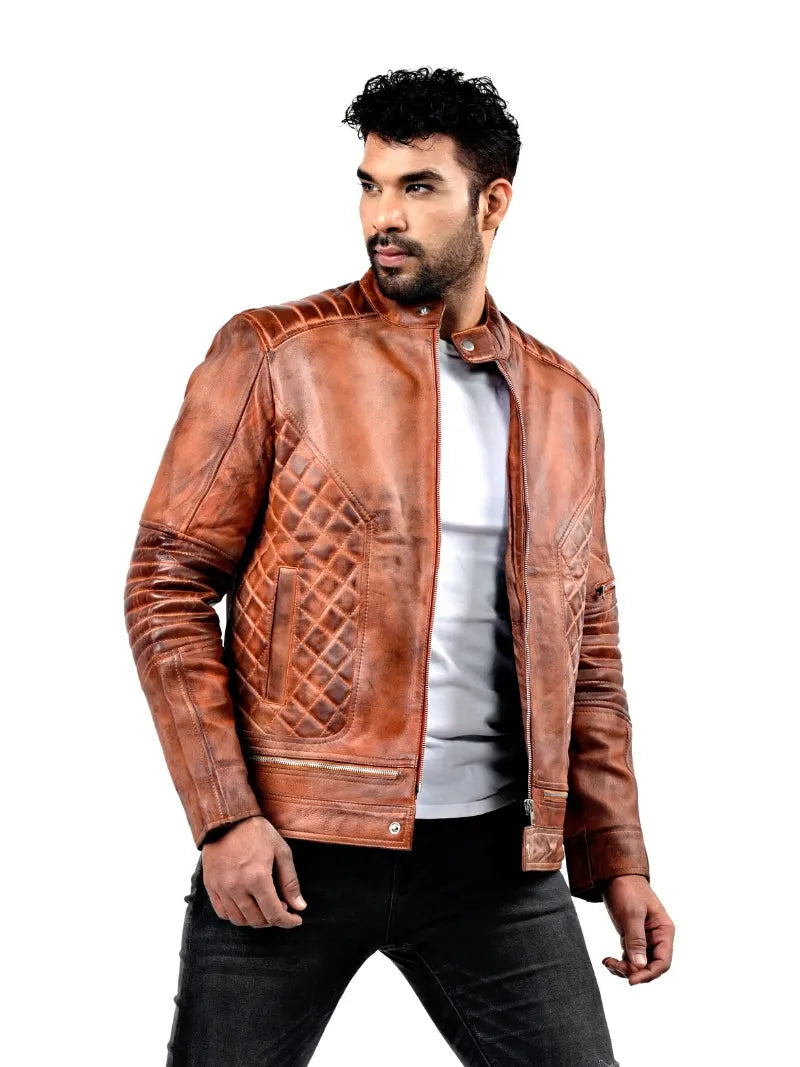 Men’s Brown Zip-Up Leather Jacket Right 