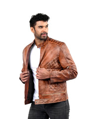 Men’s Brown Zip-Up Leather Jacket Left