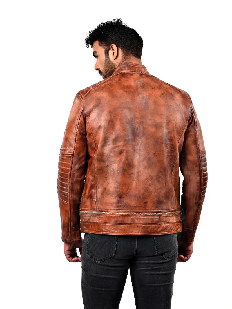 Men’s Brown Zip-Up Leather Jacket Back 