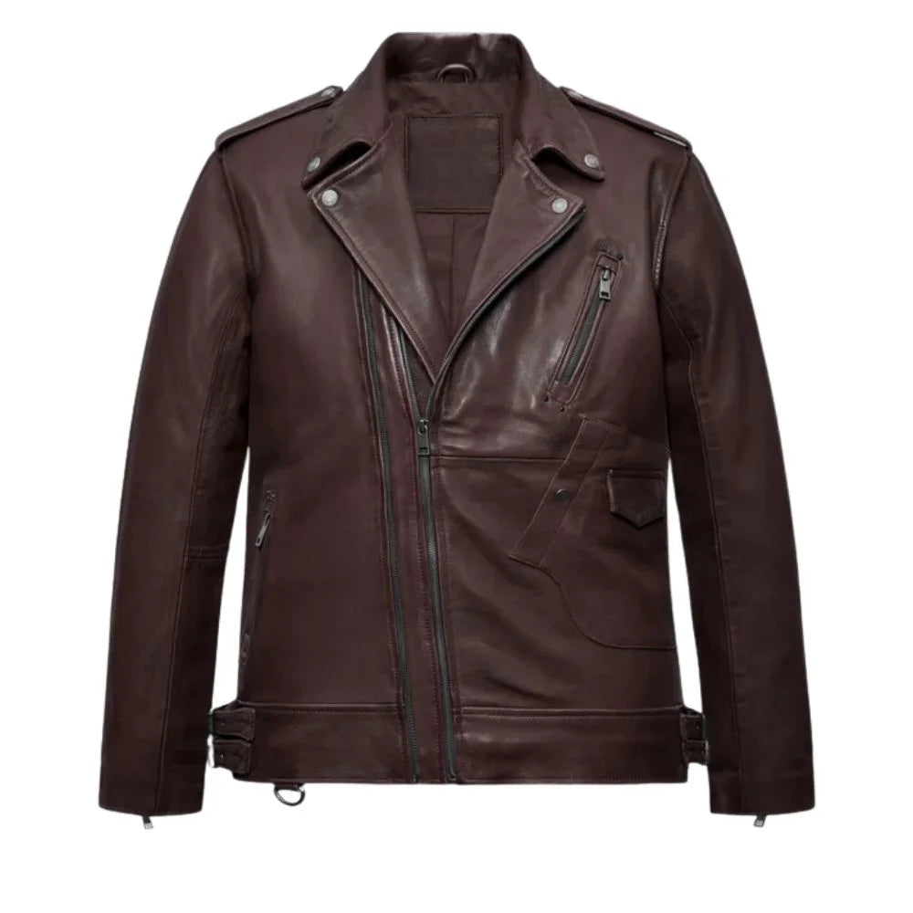 Men’s Burgundy Asymmetrical Leather Jacket