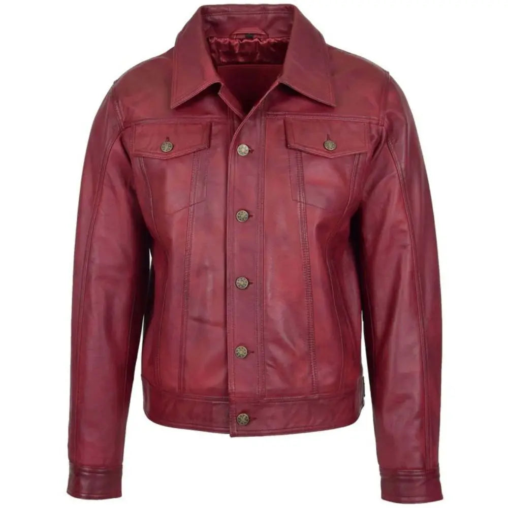 Men's Burgundy Button-Up Leather Trucker Jacket