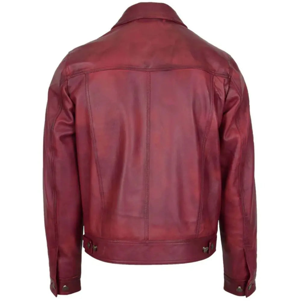 Men's Burgundy Button-Up Leather Trucker Jacket