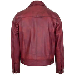 Men's Burgundy Button-Up Leather Trucker Jacket