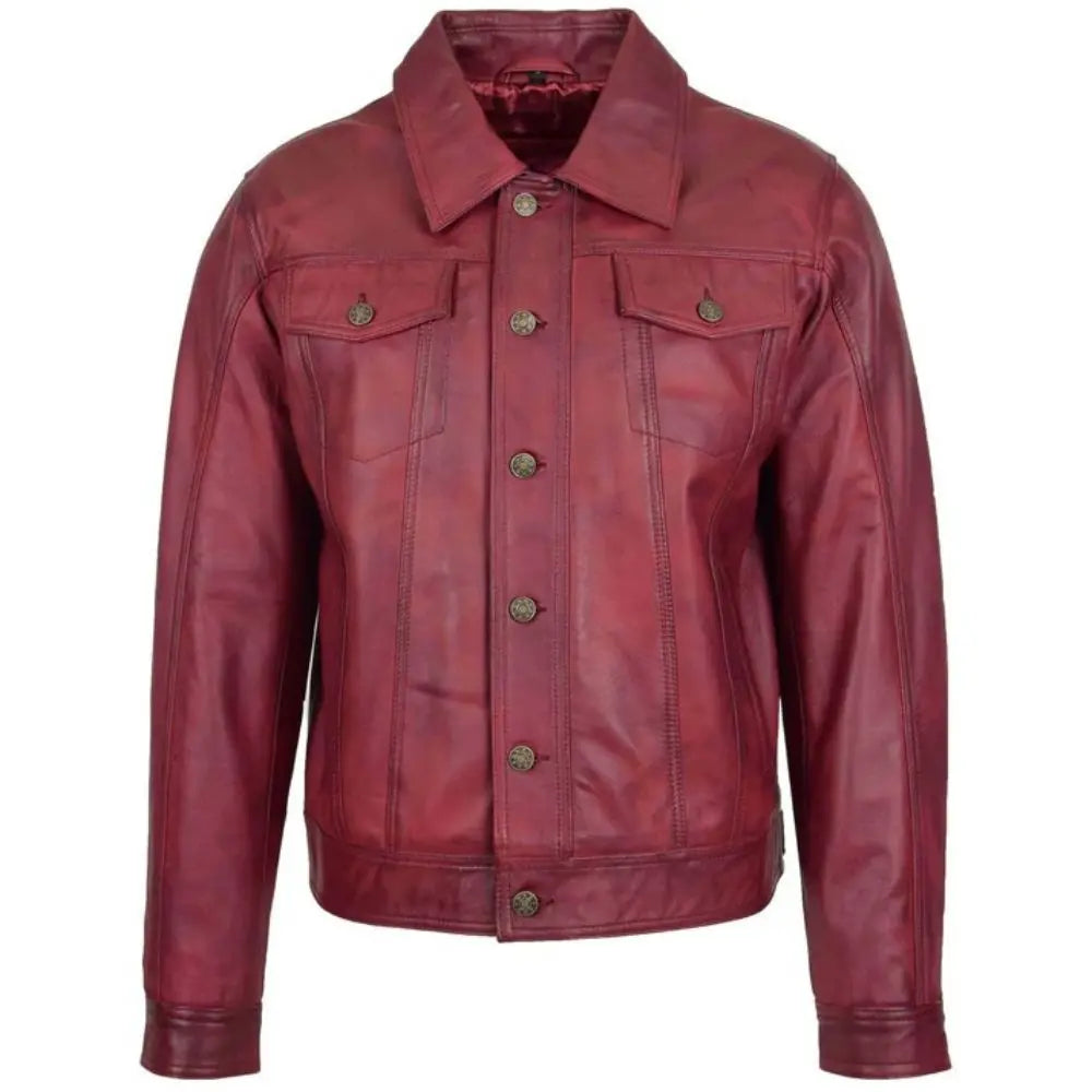 Men's Burgundy Button-Up Leather Trucker Jacket