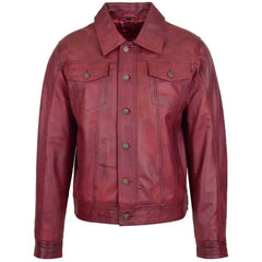 Men's Burgundy Button-Up Leather Trucker Jacket