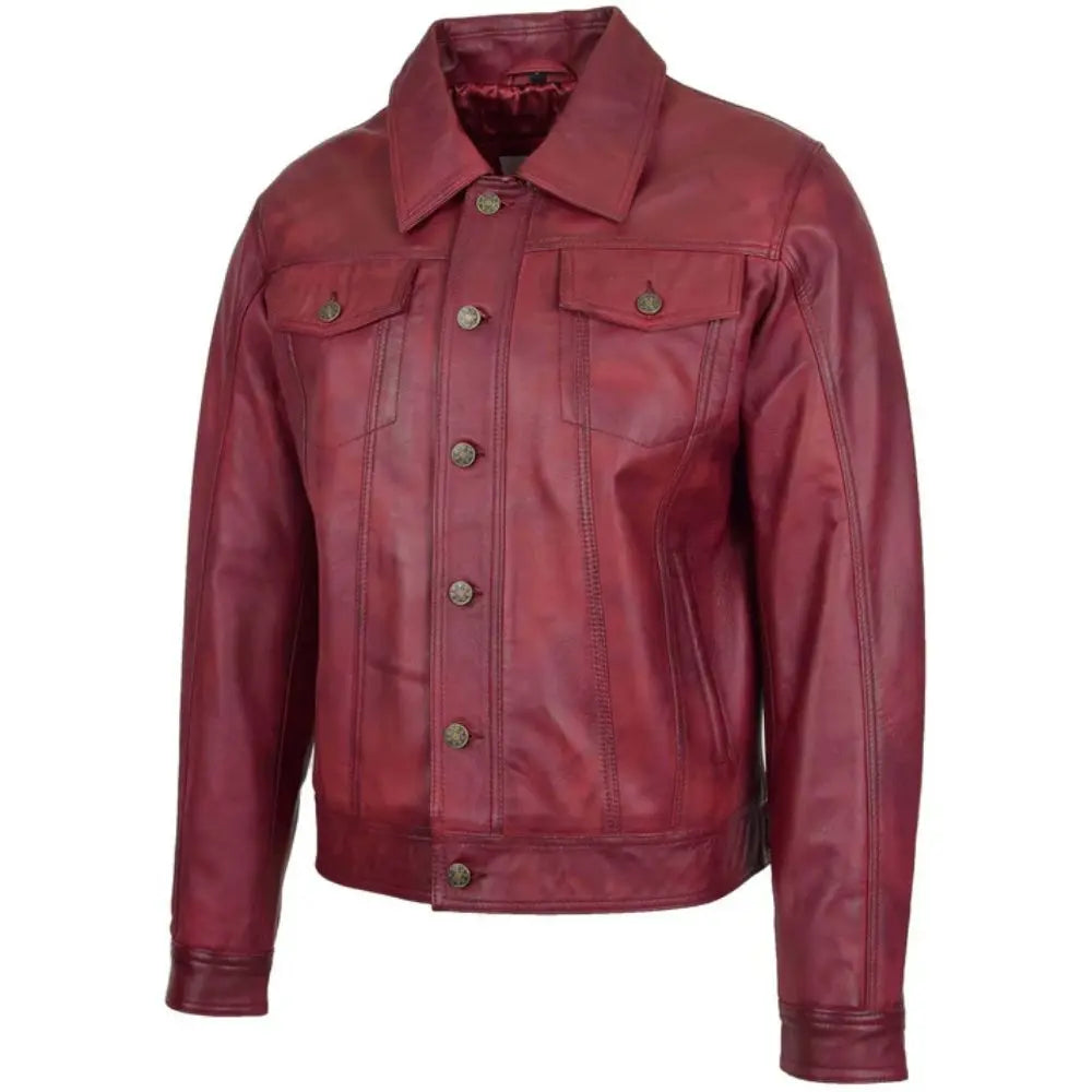 Men's Burgundy Button-Up Leather Trucker Jacket