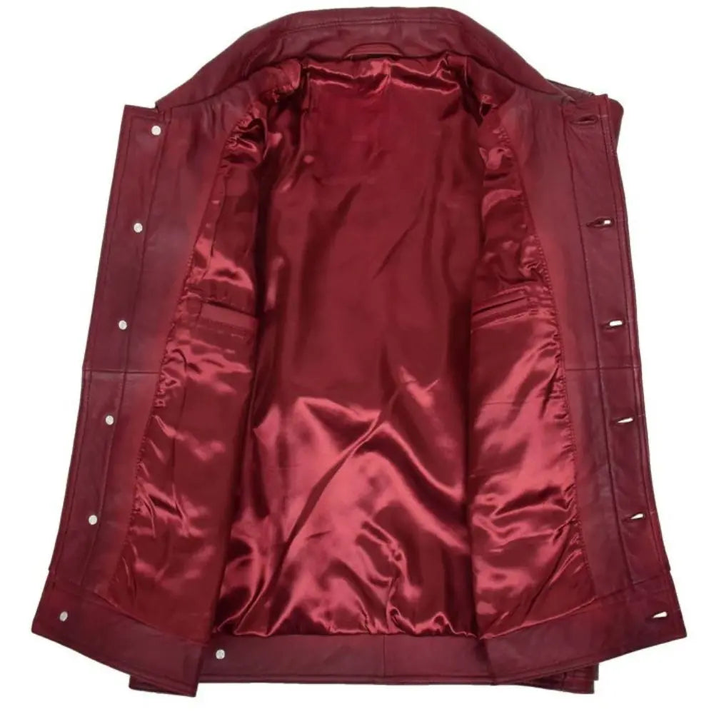 Men's Burgundy Button-Up Leather Trucker Jacket