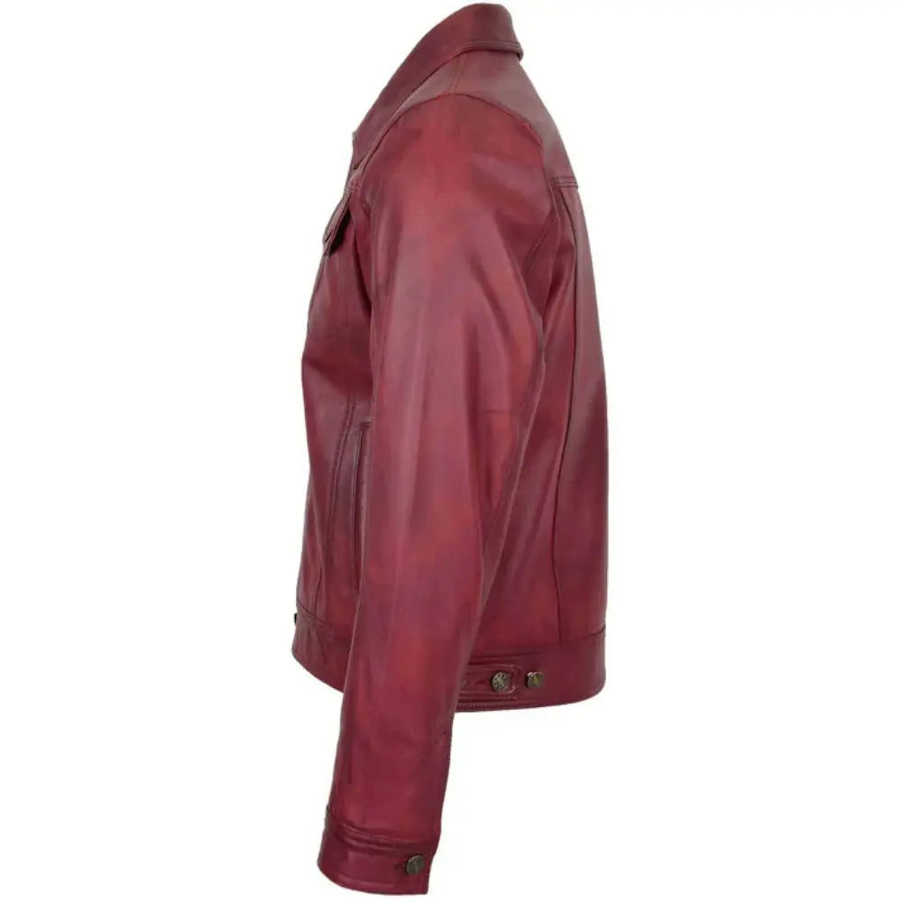 Men's Burgundy Button-Up Leather Trucker Jacket