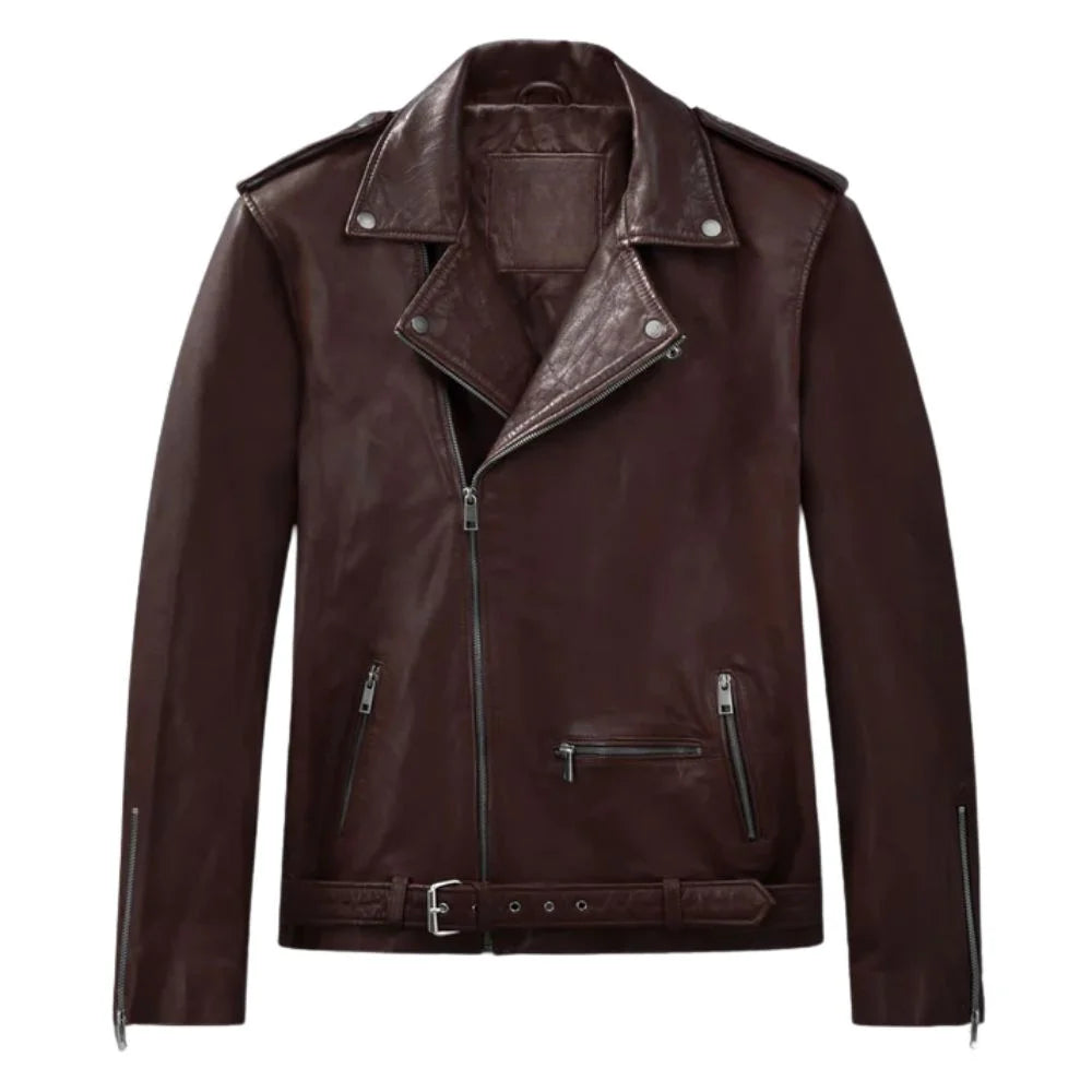 Men’s Burgundy Lapel Leather Jacket