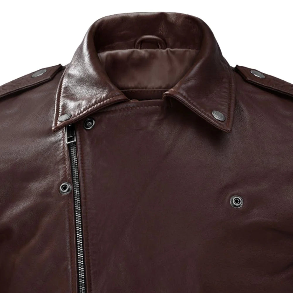 Men’s Burgundy Lapel Leather Jacket