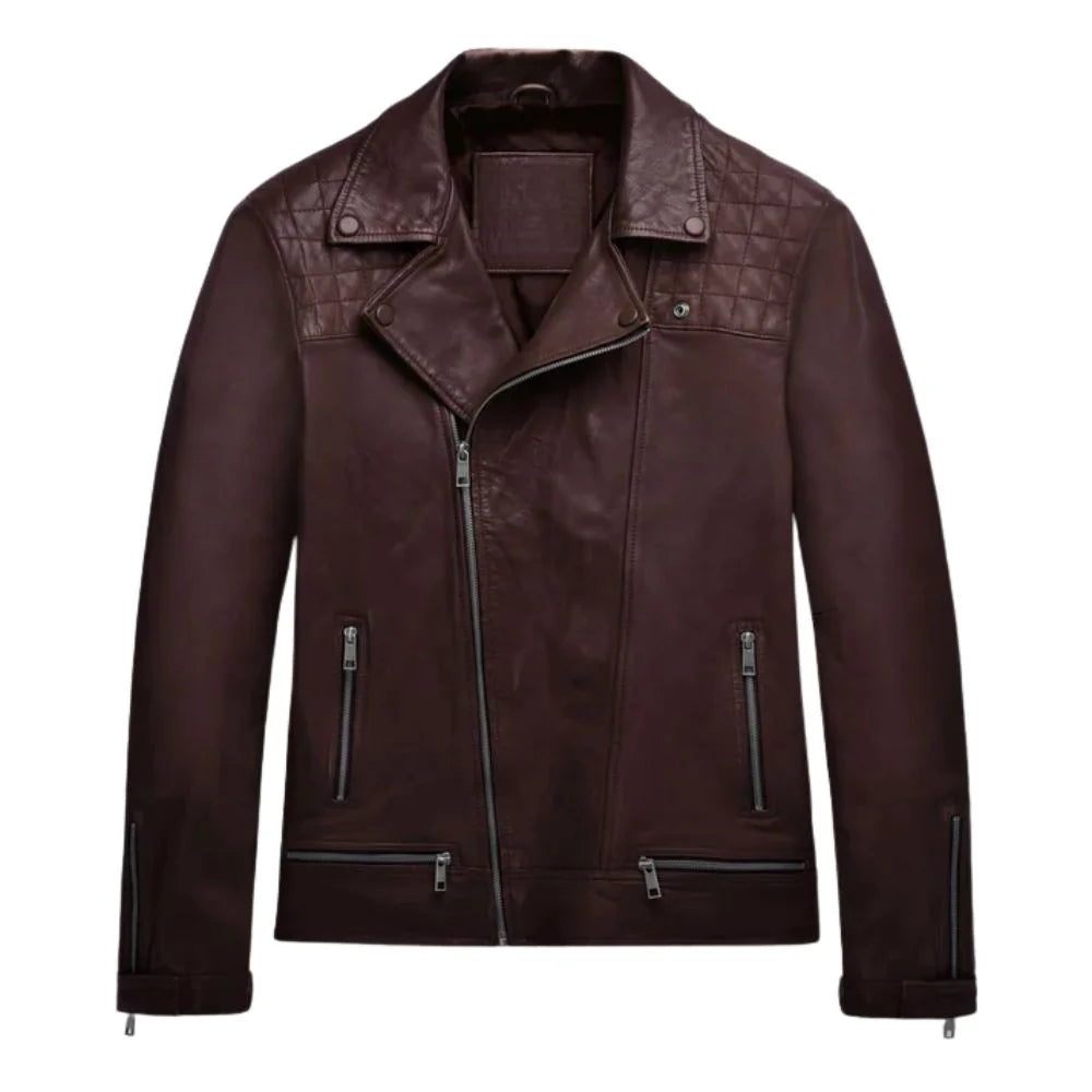 Men’s Burgundy Quilted Shoulder Leather Jacket