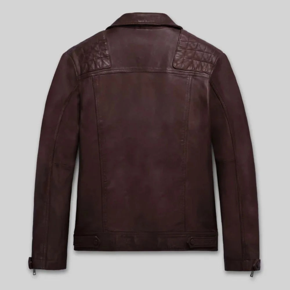 Men’s Burgundy Quilted Shoulder Leather Jacket