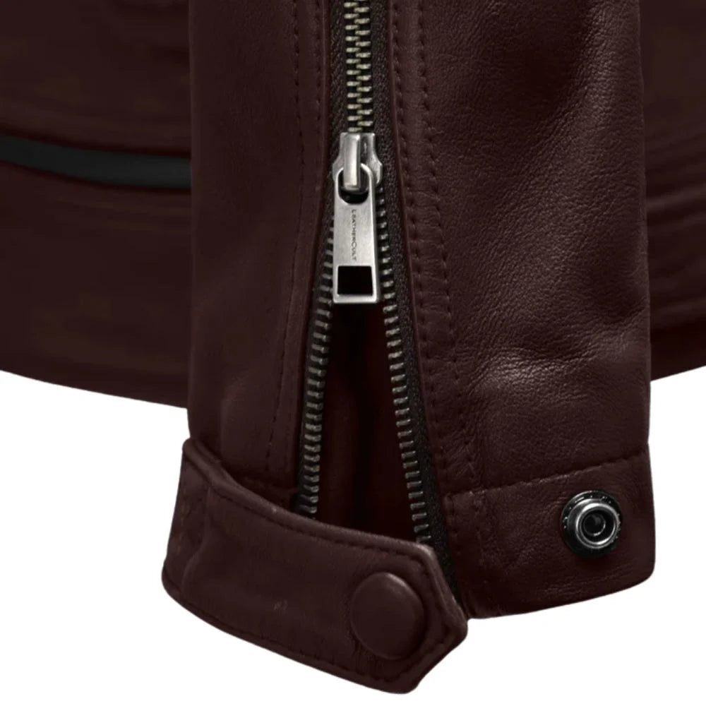 Men’s Burgundy Quilted Shoulder Leather Jacket