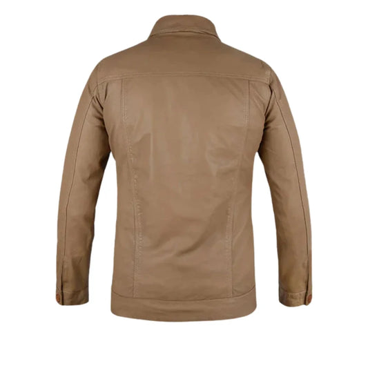 Men’s Camel Brown Button-Up Leather Trucker Jacket