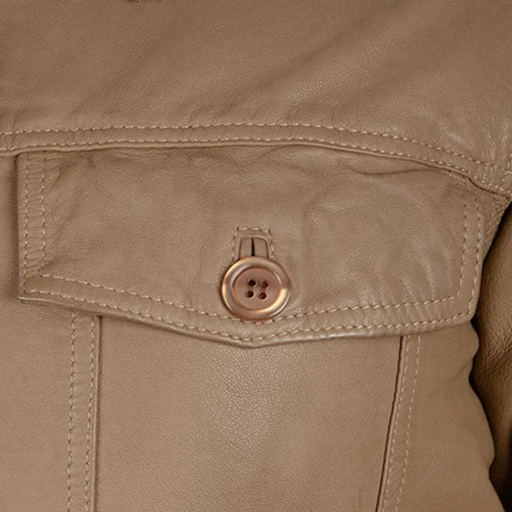 Men’s Camel Brown Button-Up Leather Trucker Jacket