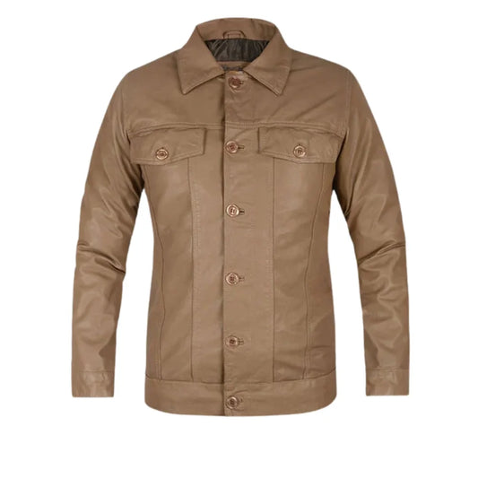 Men’s Camel Brown Button-Up Leather Trucker Jacket
