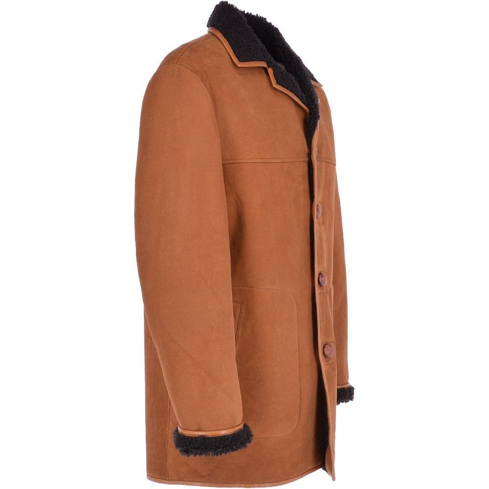 Men’s Camel Shearling-Lined Suede Coat with Black Accents