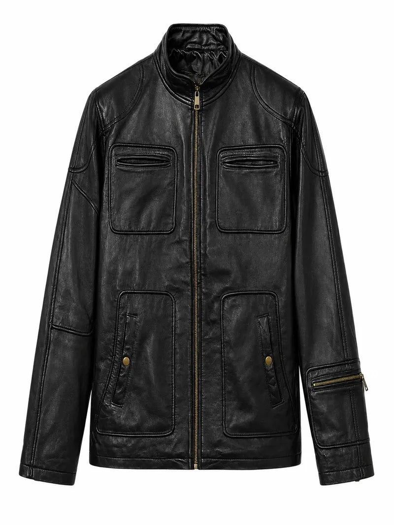 Men’s Casual Black Multi-Pocket Leather Jacket Front 