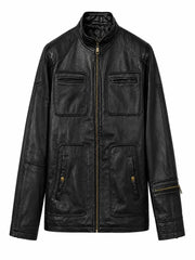 Men’s Casual Black Multi-Pocket Leather Jacket Front 