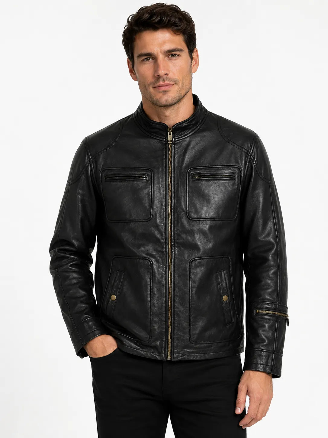 Men’s Casual Black Multi-Pocket Leather Jacket