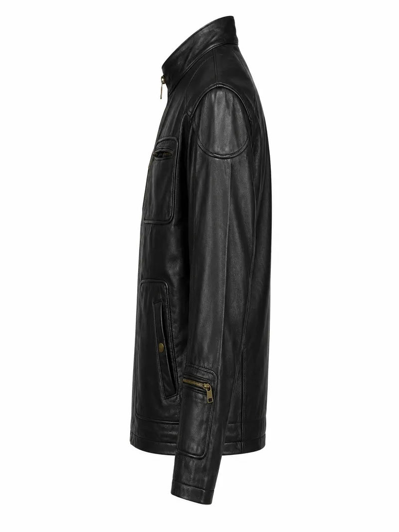 Men’s Casual Black Multi-Pocket Leather Jacket