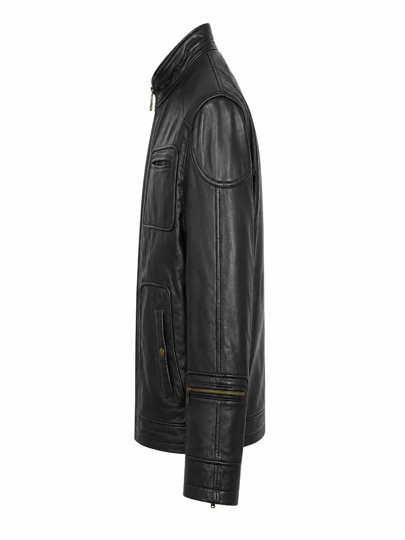 Men’s Casual Black Multi-Pocket Leather Jacket
