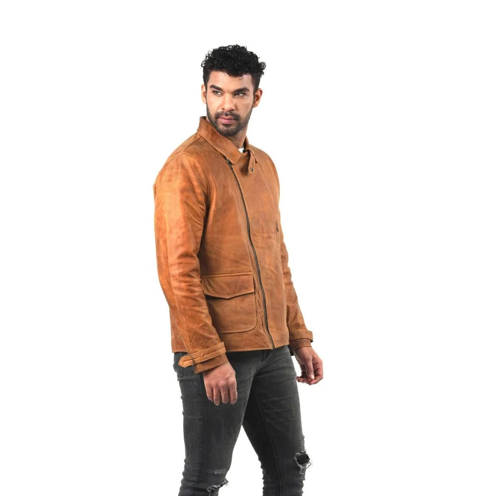 Men's Casual Tan Leather Unique Design Jacket