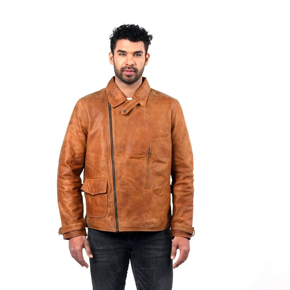 Men's Casual Tan Leather Unique Design Jacket