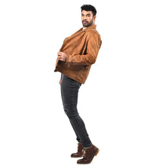 Men's Casual Tan Leather Unique Design Jacket