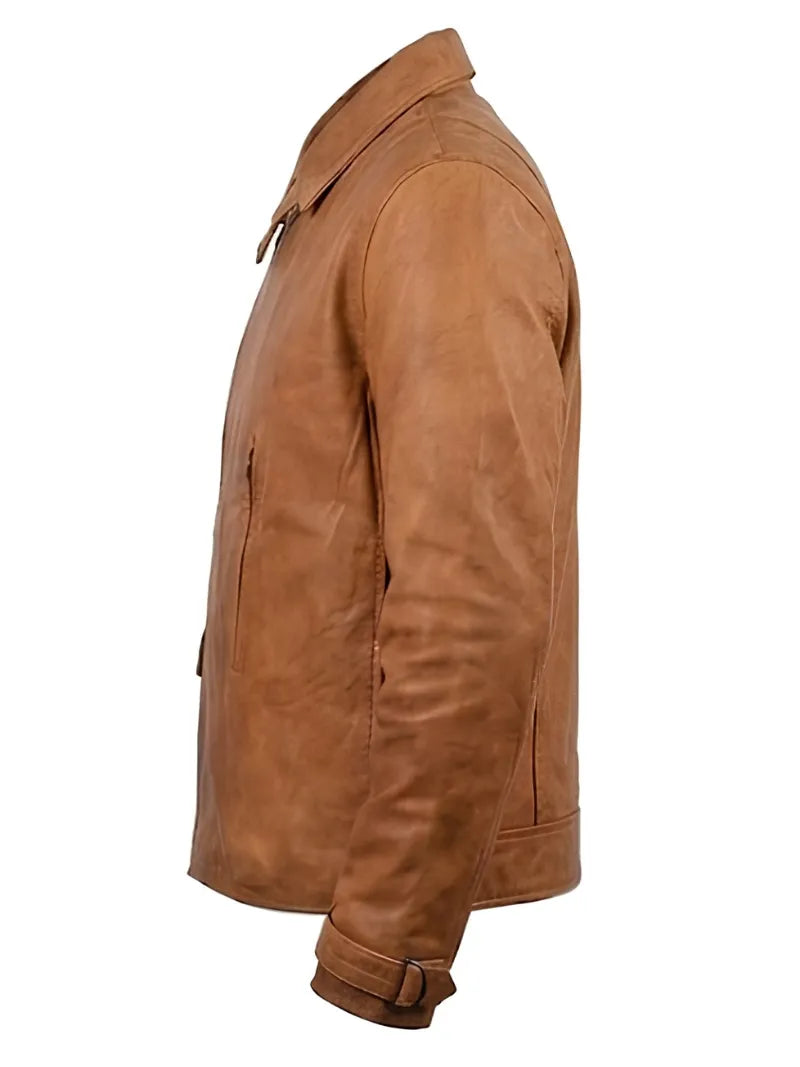 Men's Casual Tan Leather Unique Design Jacket