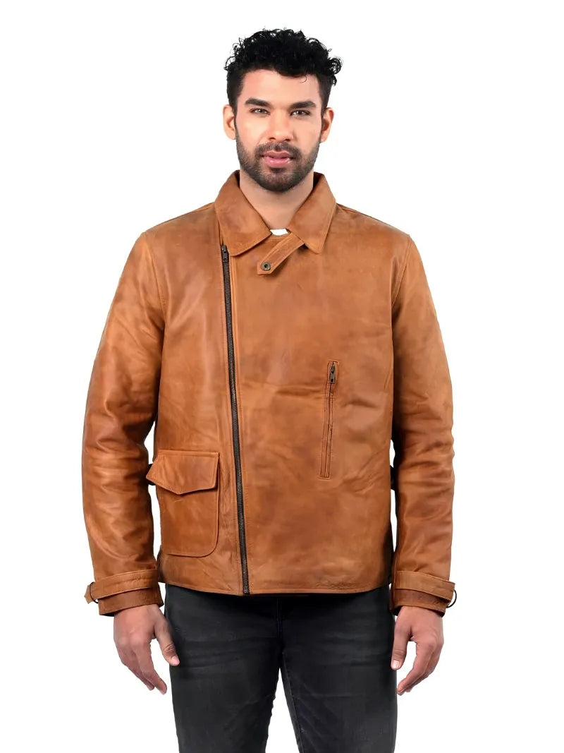 Men's Casual Tan Leather Unique Design Jacket
