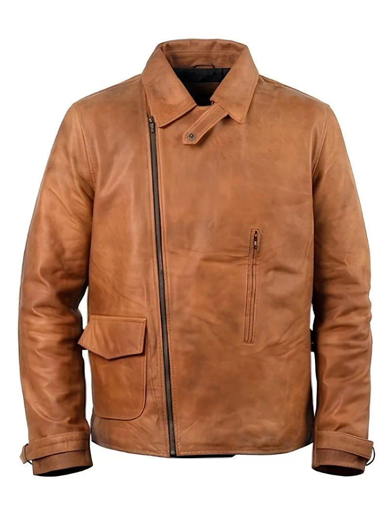 Men's Casual Tan Leather Unique Design Jacket