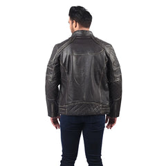 Men’s Charcoal Leather Stand Collar Jacket