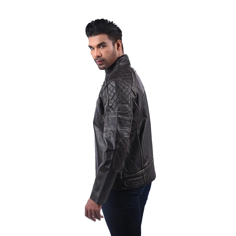 Men’s Charcoal Leather Stand Collar Jacket