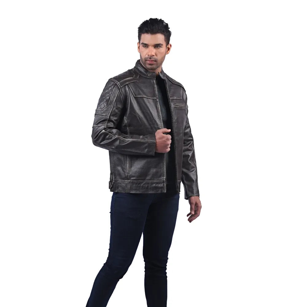 Men’s Charcoal Leather Stand Collar Jacket