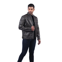 Men’s Charcoal Leather Stand Collar Jacket