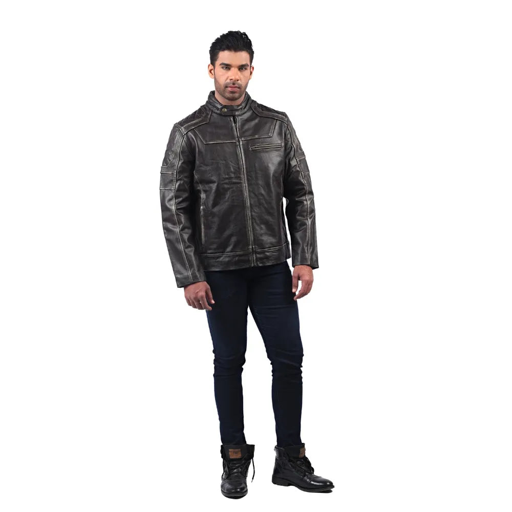 Men’s Charcoal Leather Stand Collar Jacket