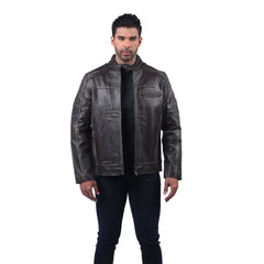 Men’s Charcoal Leather Stand Collar Jacket