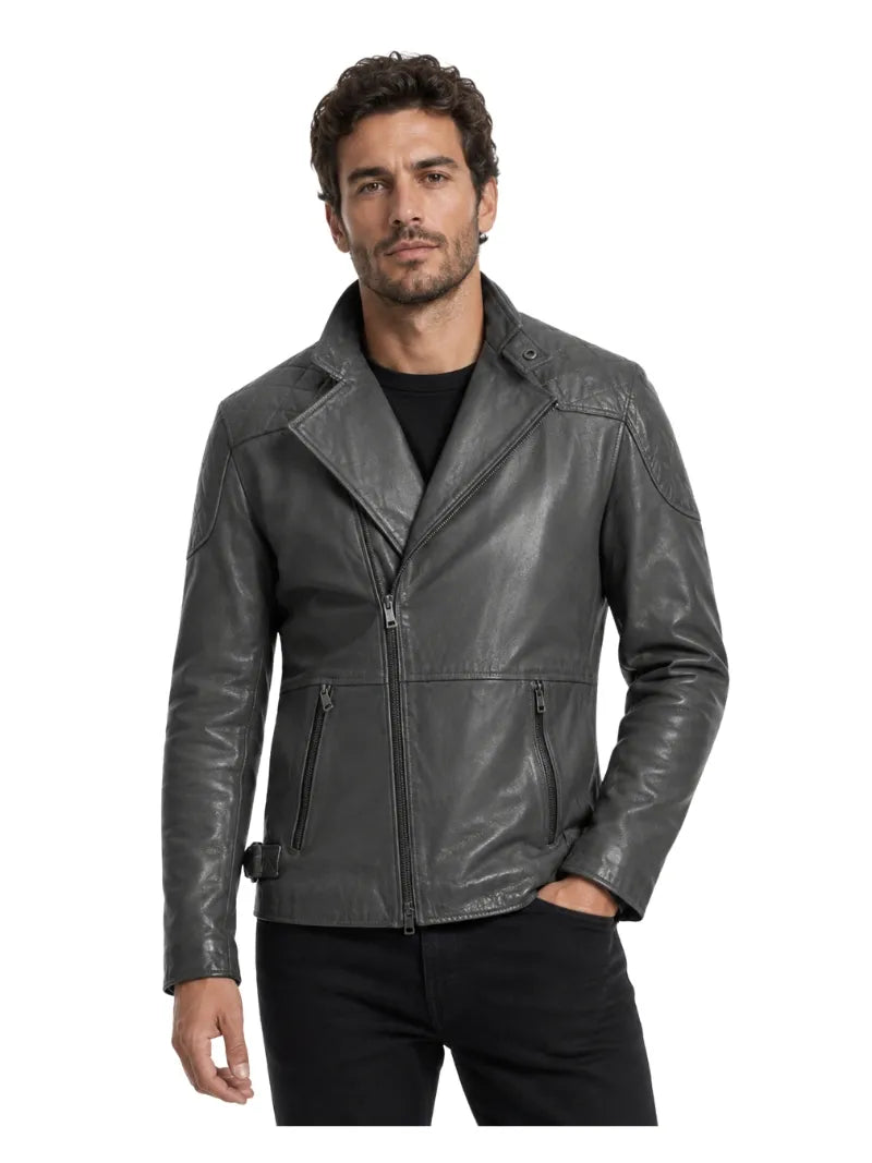 Men’s Charcoal Quilted Shoulder Leather Jacket Full 