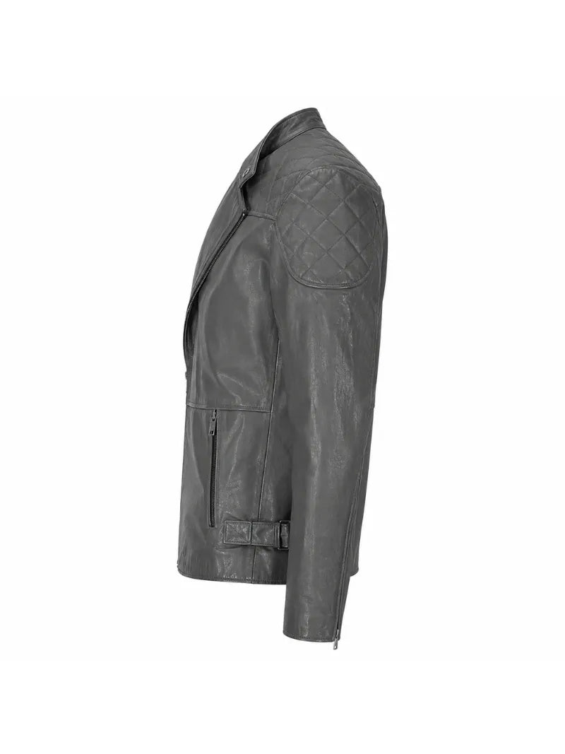 Men’s Charcoal Quilted Shoulder Leather Jacket Left 