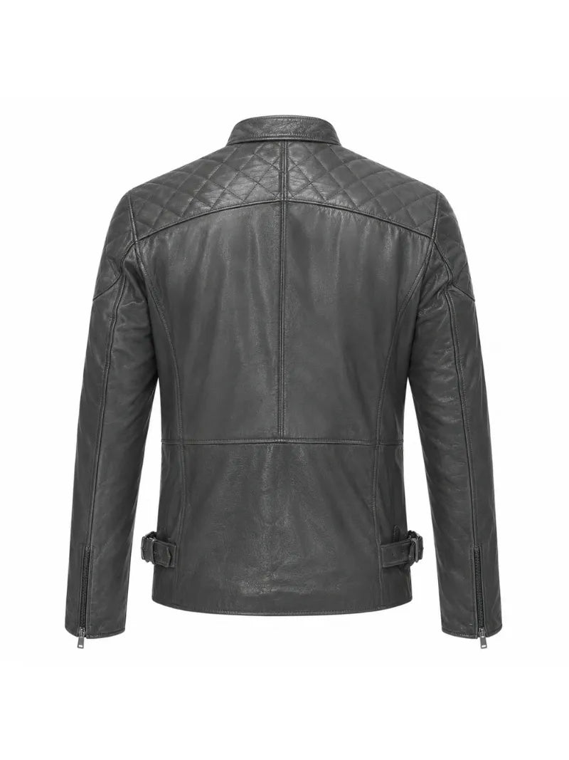 Men’s Charcoal Quilted Shoulder Leather Jacket Back