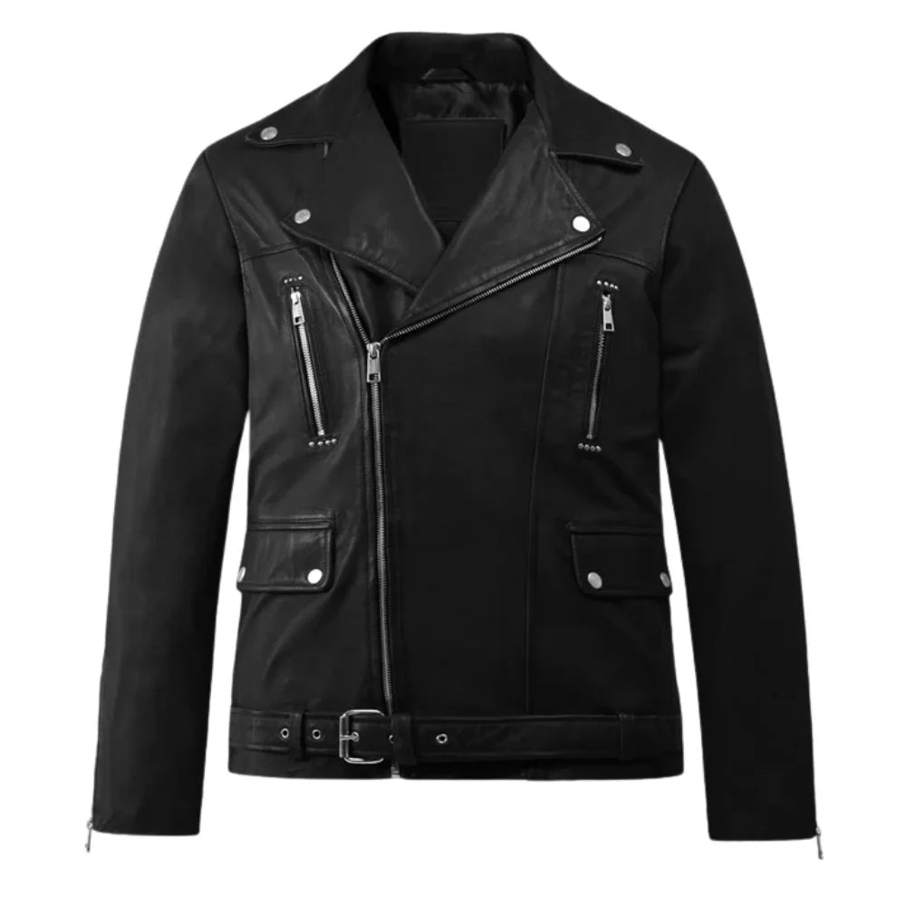 Black Leather Asymmetric Zip Wide-Lapel Jacket