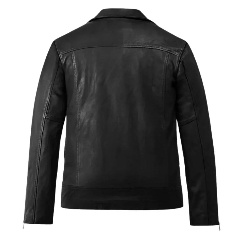 Black Leather Asymmetric Zip Wide-Lapel Jacket