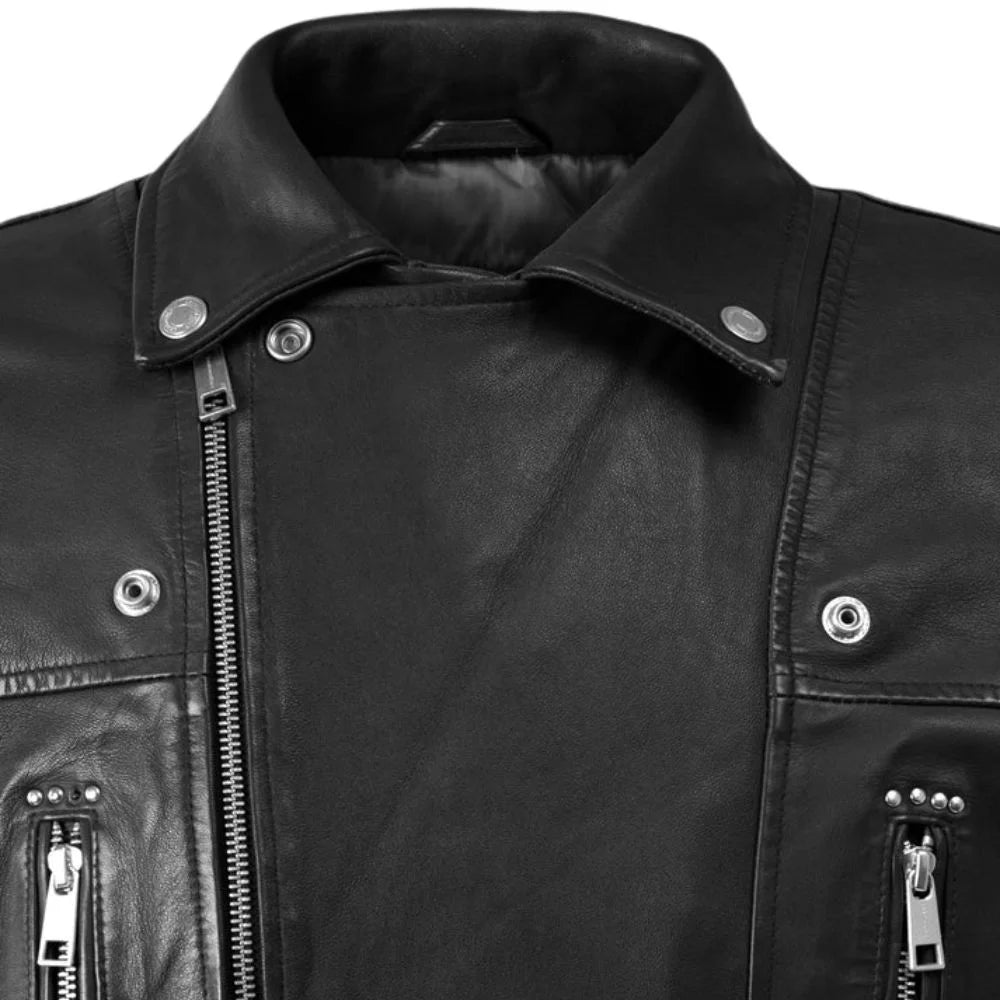 Black Leather Asymmetric Zip Wide-Lapel Jacket